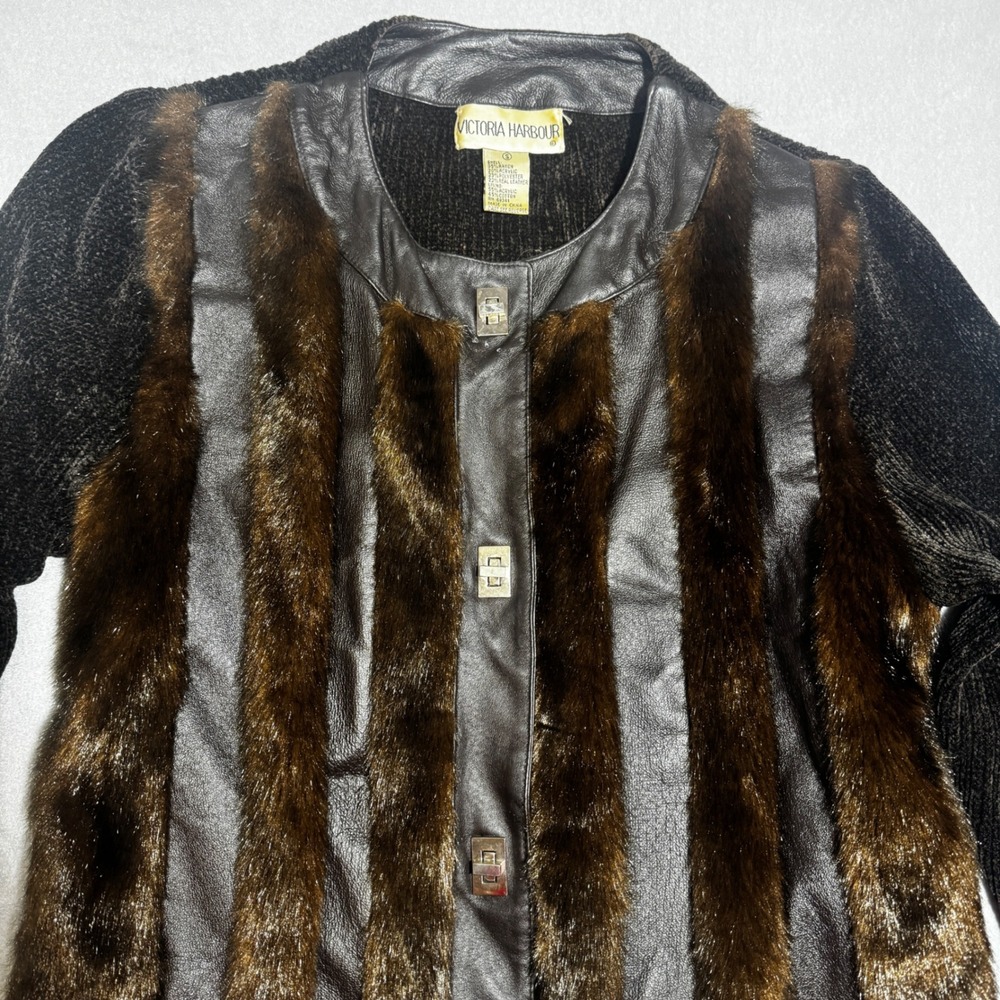 Victoria Harbour Vintage Leather Faux Fur Chenille Knit Turn Lock Jacket S Y2K
